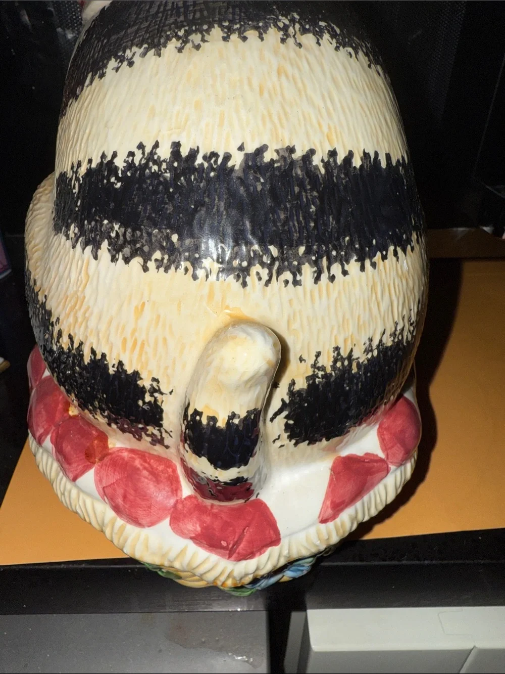 Ceramic Black & White Striped Cat Figurine with Red Bow